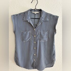 LOFT Navy & White Vertical Stripe Sleeveless Button-Down Shirt